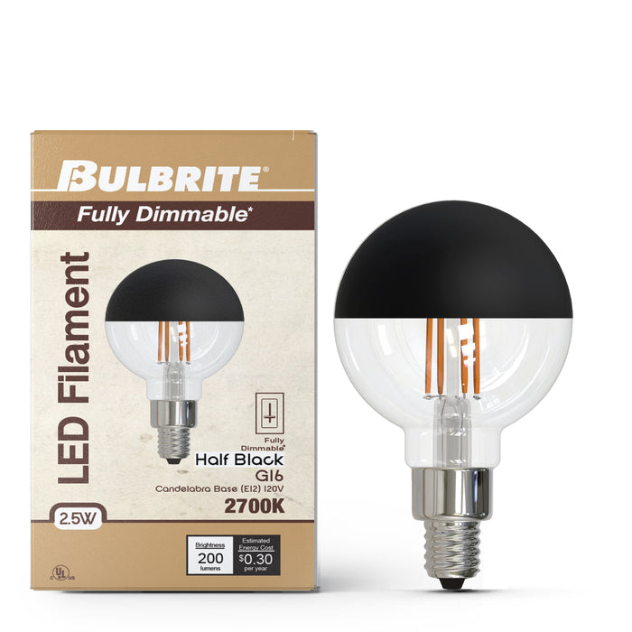 Half Series Designer G16 2.5W Dimmable Half Black Filament LED Light Bulb with E12 Base, 2700K, 200 Lumens, 2-Pack