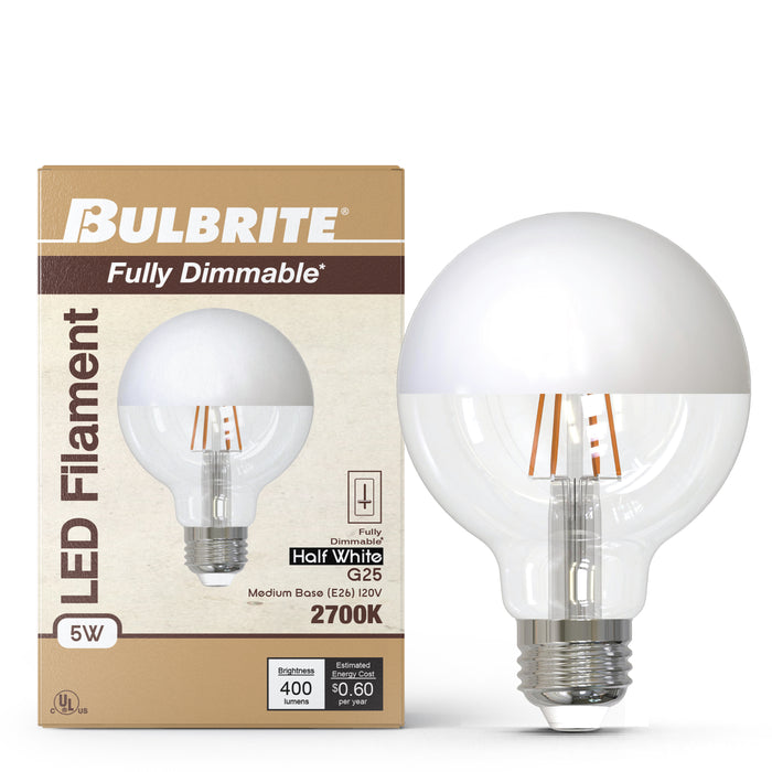 Half Series Designer G25 5W Dimmable Half White Filament LED Light Bulb with E26 Base, 2700K, 400 Lumens, 2-Pack