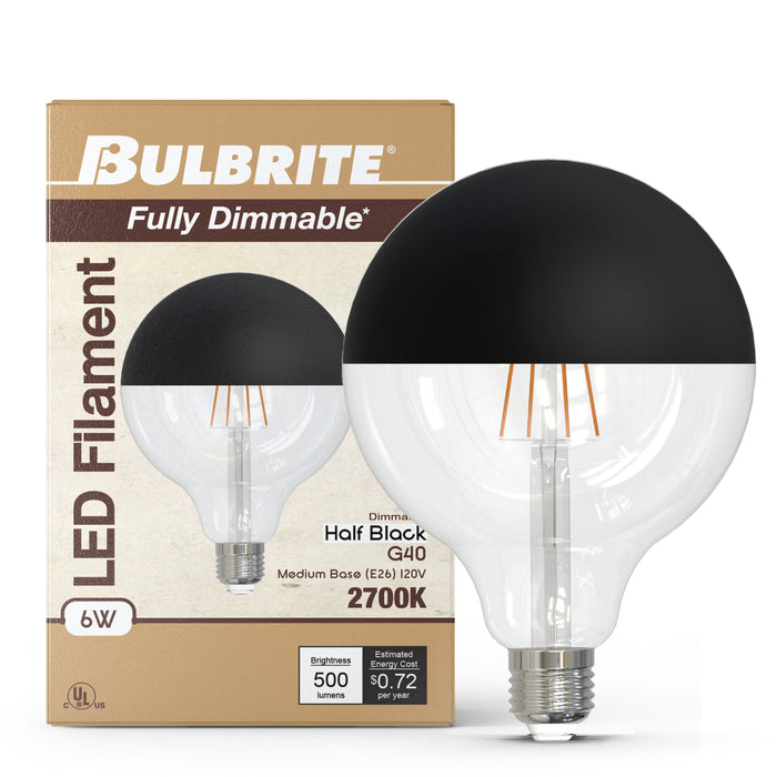 Half Series Designer G40 6W Dimmable Half Black Filament LED Light Bulb with E26 Base, 2700K, 500 Lumens, 4-Pack