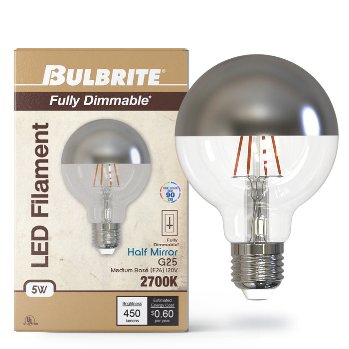 Half Series G25 5W Dimmable Half Chrome Filament LED Light Bulb with E26 Base, 2700K, 450 Lumens, 2-Pack