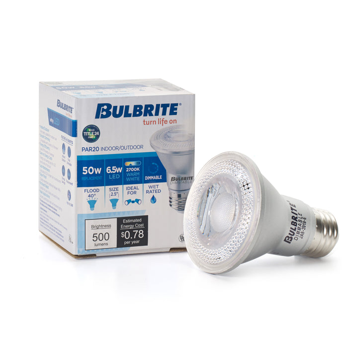 PAR20 6.5W Dimmable LED Light Bulb with E26 Base, 2700K, 500 Lumens, Flood, 6-Pack