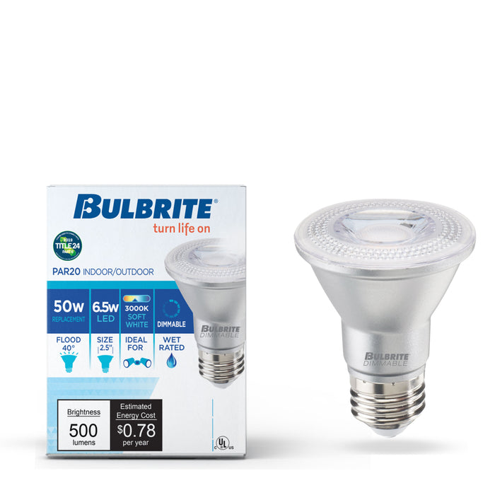 PAR20 6.5W Dimmable LED Light Bulb with E26 Base, 3000K, 500 Lumens, Flood, 6-Pack