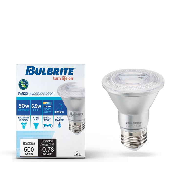 PAR20 6.5W Dimmable LED Light Bulb with E26 Base, 3000K, 500 Lumens, Narrow Flood, 6-Pack