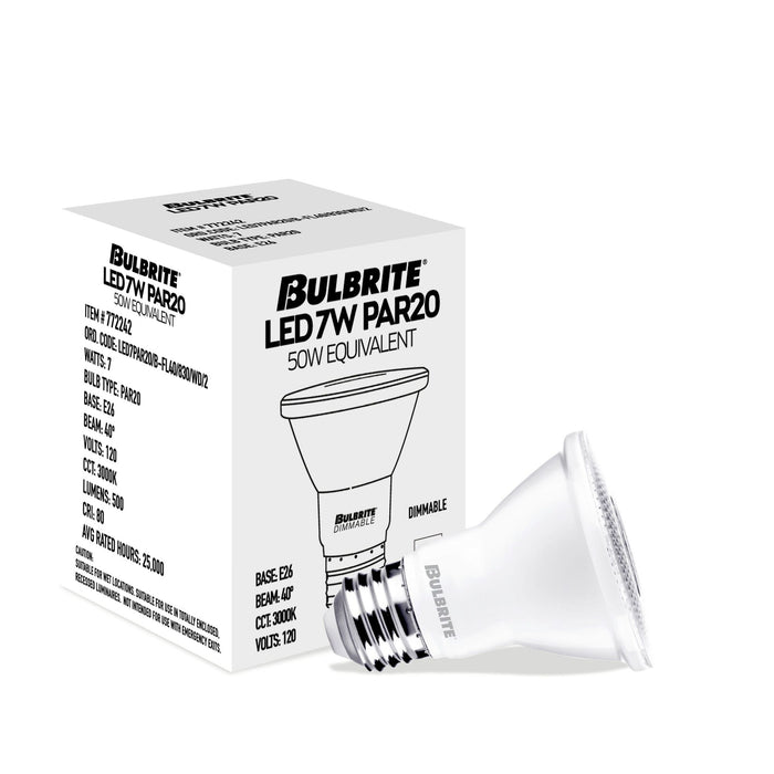 PAR20 7W Dimmable White LED Light Bulb with E26 Base, 3000K, 500 Lumens, Flood, 4-Pack