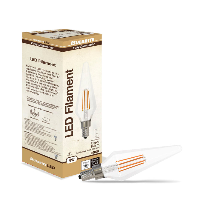 Prism 4W Dimmable Clear Filament LED Light Bulb with E12 Base, 3000K, 350 Lumens, 4-Pack