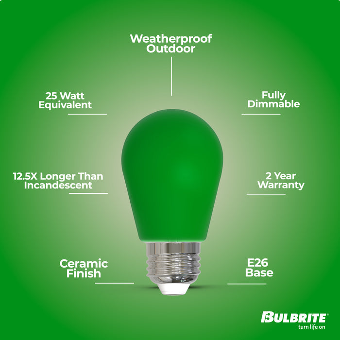 S14 2.5W Dimmable Green Filament LED Light Bulb with E26 Base, 10-Pack