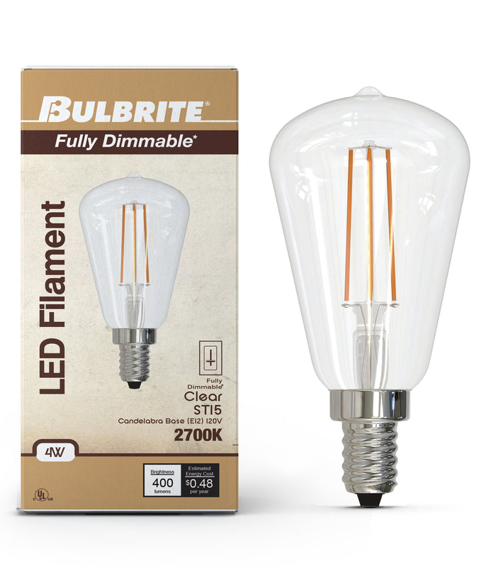 ST15 4W Dimmable Clear Filament LED Light Bulb with E12 Base, 2700K, 400 Lumens, 4-Pack