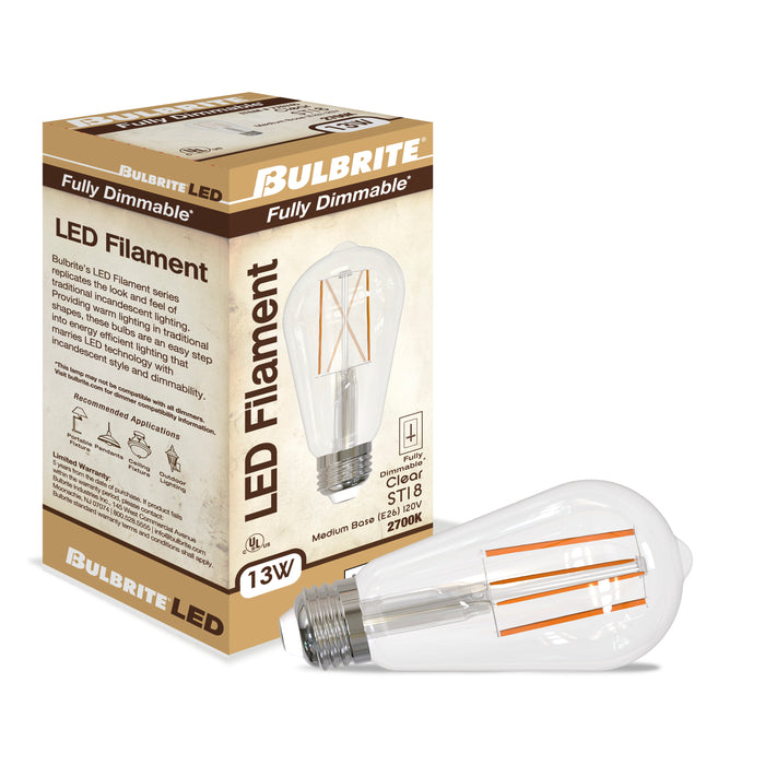 ST18 13W Dimmable Clear Filament LED Light Bulb with E26 Base, 2700K, 1400 Lumens, 4-Pack