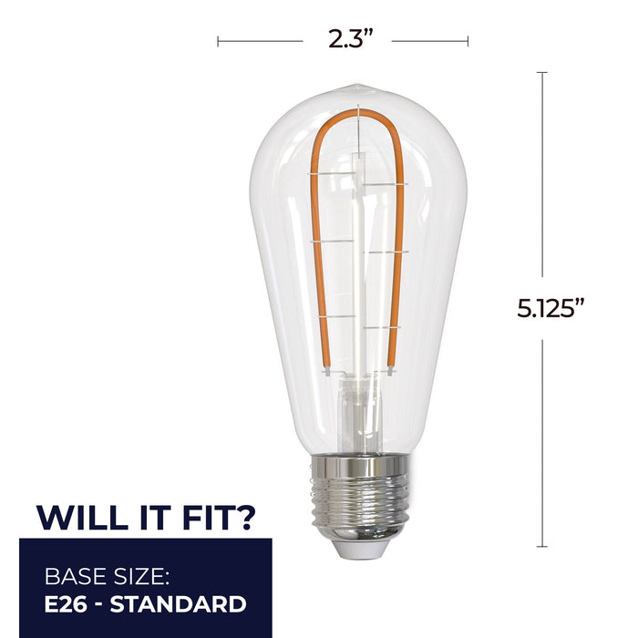 ST18 3W Dimmable Filament LED Light Bulb with E26 Base, 2100K, 230 Lumens, 2-Pack