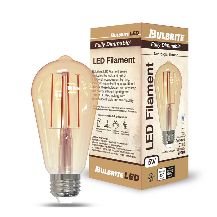 ST18 5W Dimmable Antique Filament LED Light Bulb with E26 Base, 2200K, 450 Lumens, 2-Pack