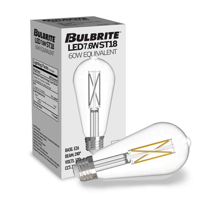 ST18 7.6W Dimmable Clear Filament LED Light Bulb with E26 Base, 2700K, 800 Lumens, 10-Pack