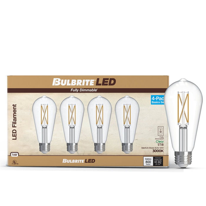 ST18 7.6W Dimmable Clear Filament LED Light Bulb with E26 Base, 3000K, 800 Lumens, 4-Pack