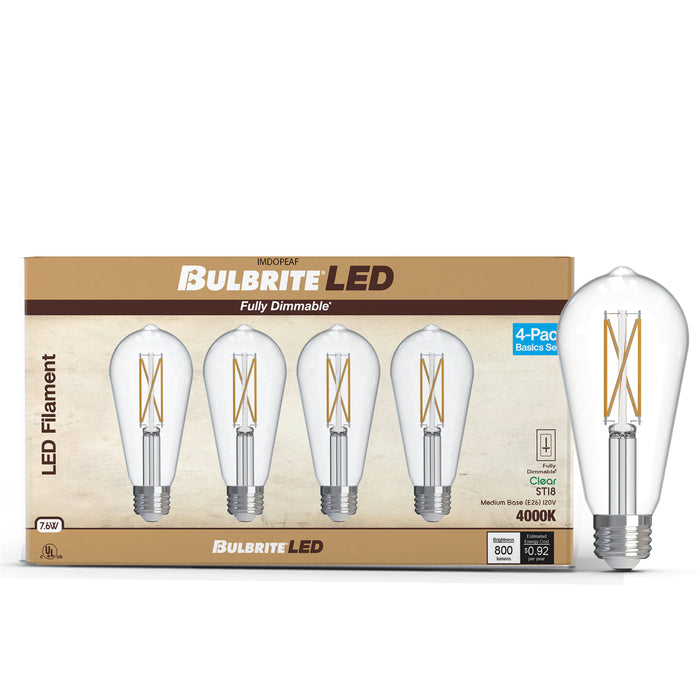ST18 7.6W Dimmable Clear Filament LED Light Bulb with E26 Base, 4000K, 800 Lumens, 4-Pack