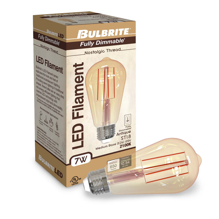 ST18 7W Dimmable Antique Filament LED Light Bulb with E26 Base, 2100K, 650 Lumens, 2-Pack