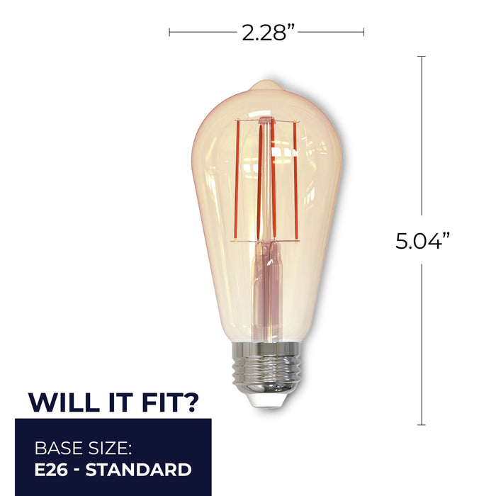 ST18 7W Dimmable Antique Filament LED Light Bulb with E26 Base, 2100K, 650 Lumens, 2-Pack