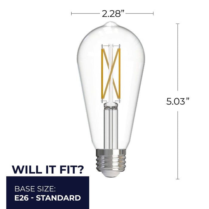 ST18 7W Dimmable Clear Filament LED Light Bulb with E26 Base, 3000K, 800 Lumens, 8-Pack