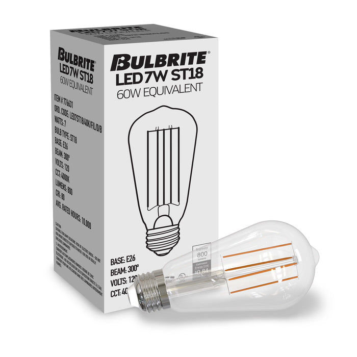 ST18 7W Dimmable Clear Filament LED Light Bulb with E26 Base, 4000K, 800 Lumens, 8-Pack