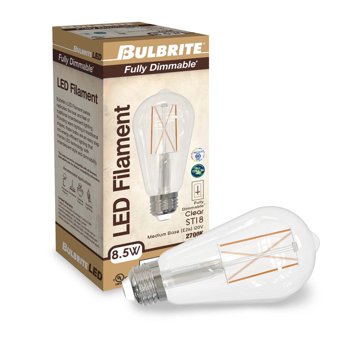 ST18 8.5W Dimmable Clear Filament LED Light Bulb with E26 Base, 2700K, 850 Lumens, 2-Pack