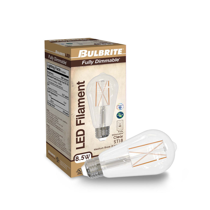ST18 8.5W Dimmable Clear Filament LED Light Bulb with E26 Base, 3000K, 850 Lumens, 2-Pack