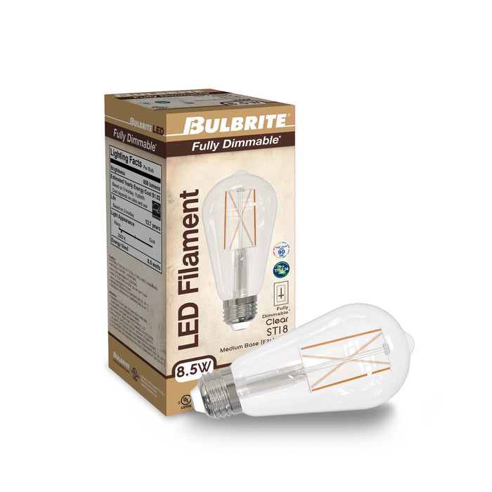 ST18 8.5W Dimmable Clear Filament LED Light Bulb with E26 Base, 3000K, 850 Lumens, 4-Pack
