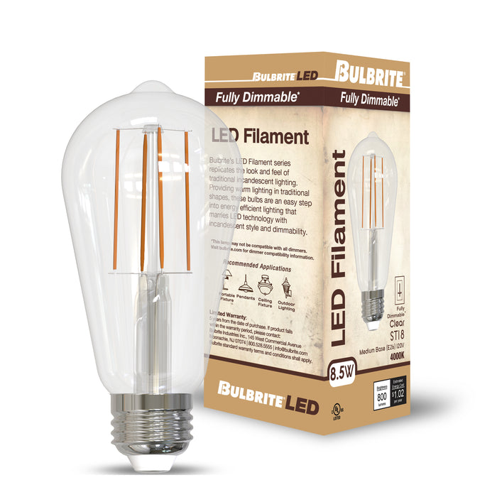 ST18 8.5W Dimmable Clear Filament LED Light Bulb with E26 Base, 4000K, 800 Lumens, 4-Pack