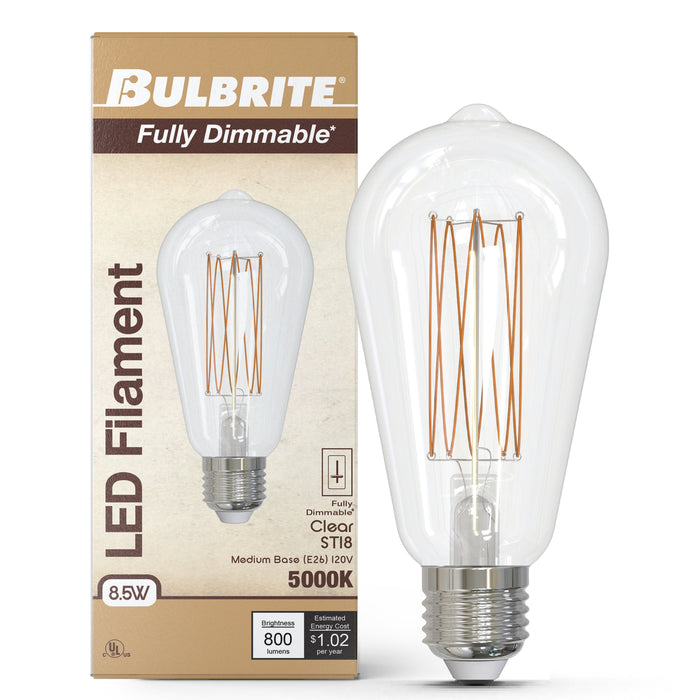 ST18 8.5W Dimmable Clear Filament LED Light Bulb with E26 Base, 5000K, 800 Lumens, 4-Pack
