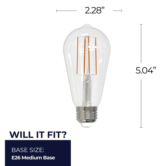 ST18 8.5W Dimmable Clear Filament LED Light Bulb with E26 Base, 5000K, 800 Lumens, 4-Pack