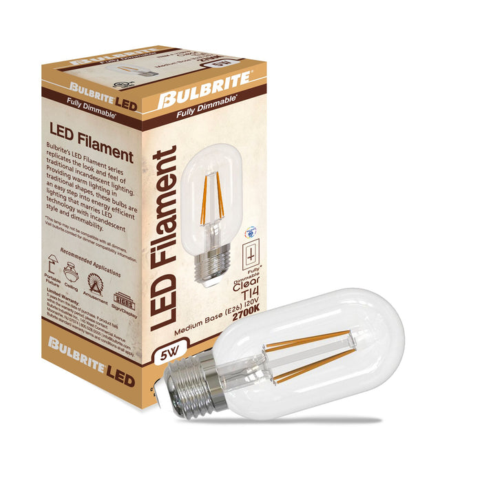 T14 5W Dimmable Clear Filament LED Light Bulb with E26 Base, 2700K, 450 Lumens, 4-Pack