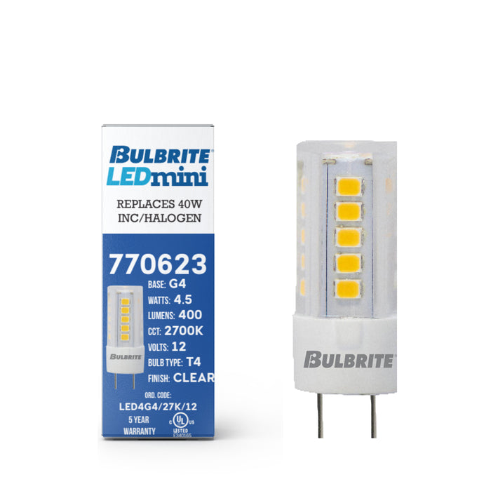 T4 4.5W Non-Dimmable Clear LED Light Bulb with G4 Base, 2700K, 400 Lumens, 12V, 2-Pack