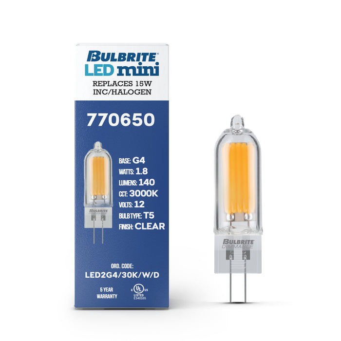 T5 1.8W Dimmable Clear Filament LED Light Bulb with G4 Base, 3000K, 140 Lumens, 12V, 4-Pack