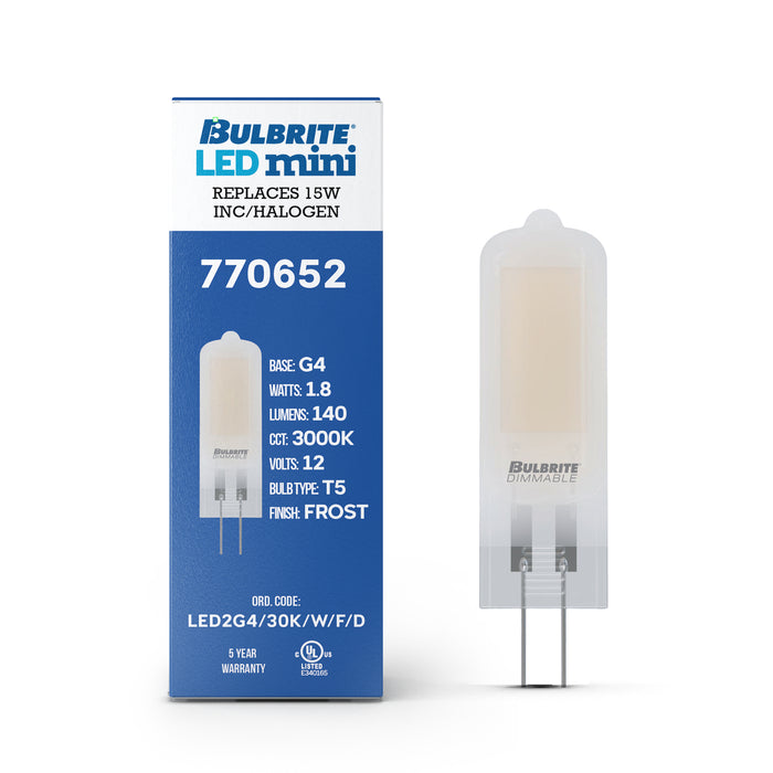 T5 1.8W Dimmable Frost Filament LED Light Bulb with G4 Base, 3000K, 140 Lumens, 12V, 4-Pack