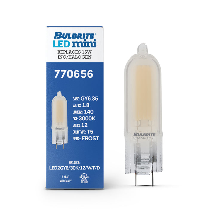 T5 1.8W Dimmable Frost Filament LED Light Bulb with GY6.35 Base, 3000K, 140 Lumens, 12V, 4-Pack