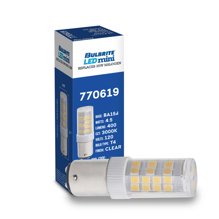 T5 4.5W Dimmable Clear LED Light Bulb with BA15d Base, 3000K, 400 Lumens, 2-Pack