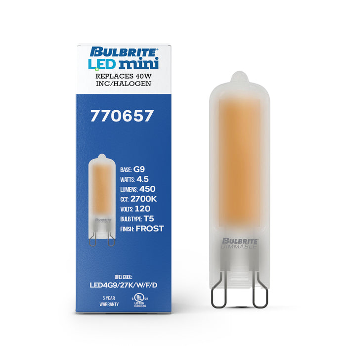 T5 4.5W Dimmable Frost Filament LED Light Bulb with G9 Base, 2700K, 400 Lumens, 4-Pack