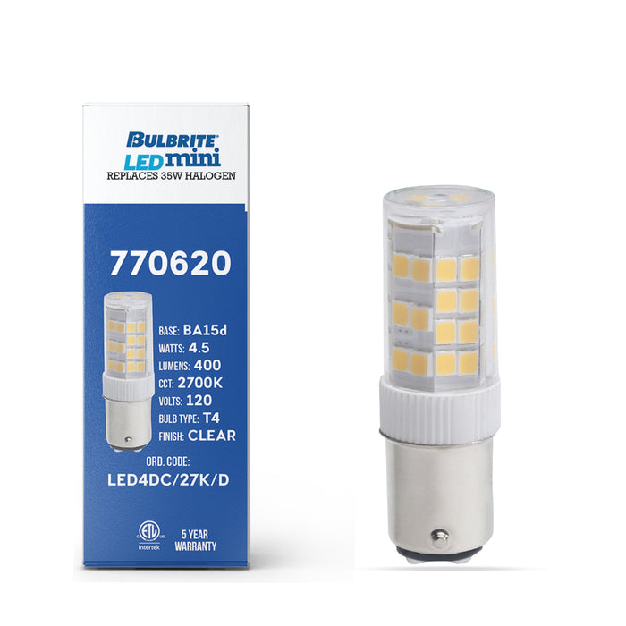 T5 4.5W Dimmable Frost LED Light Bulb with BA15d Base, 2700K, 400 Lumens, 3-Pack