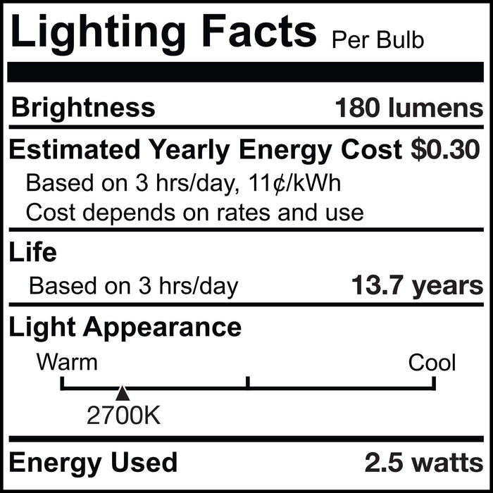 T6 2.5W Dimmable Clear Filament LED Light Bulb with E12 Base, 2700K, 250 Lumens, 6-Pack