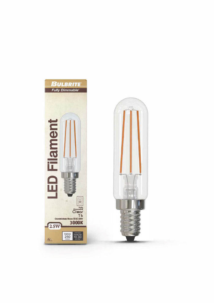 T6 2.5W Dimmable Clear Filament LED Light Bulb with E12 Base, 3000K, 250 Lumens, 4-Pack