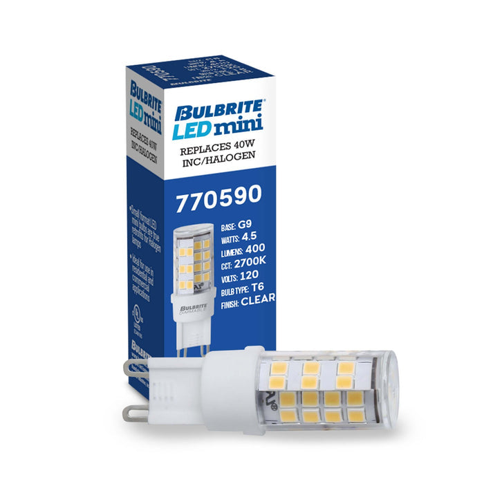 T6 4.5W Dimmable Clear LED Light Bulb with G9 Base, 2700K, 400 Lumens, 2-Pack
