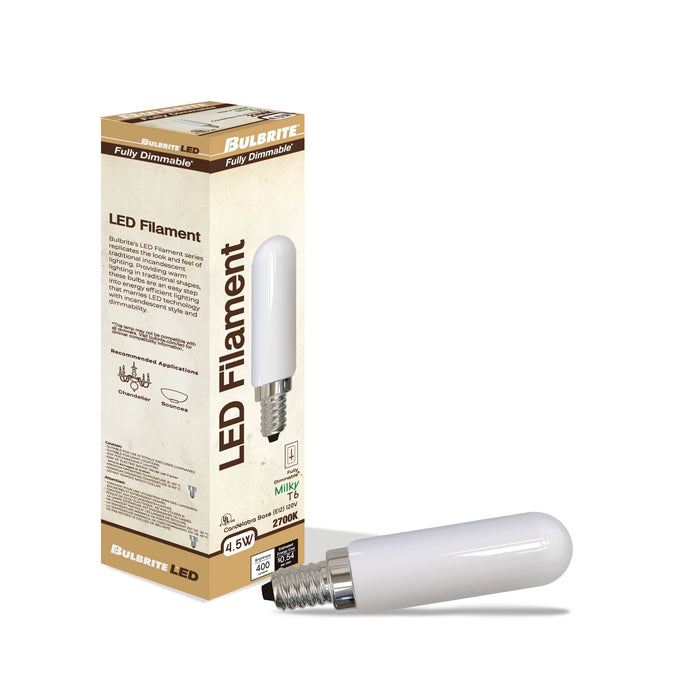 T6 4.5W Dimmable Milky Filament LED Light Bulb with E12 Base, 2700K, 400 Lumens, 4-Pack