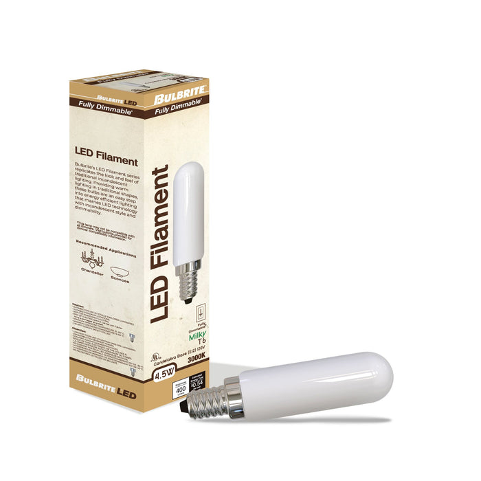 T6 4.5W Dimmable Milky Filament LED Light Bulb with E12 Base, 3000K, 400 Lumens, 4-Pack