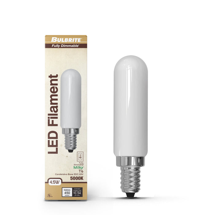 T6 4.5W Dimmable Milky Filament LED Light Bulb with E12 Base, 5000K, 450 Lumens, 4-Pack