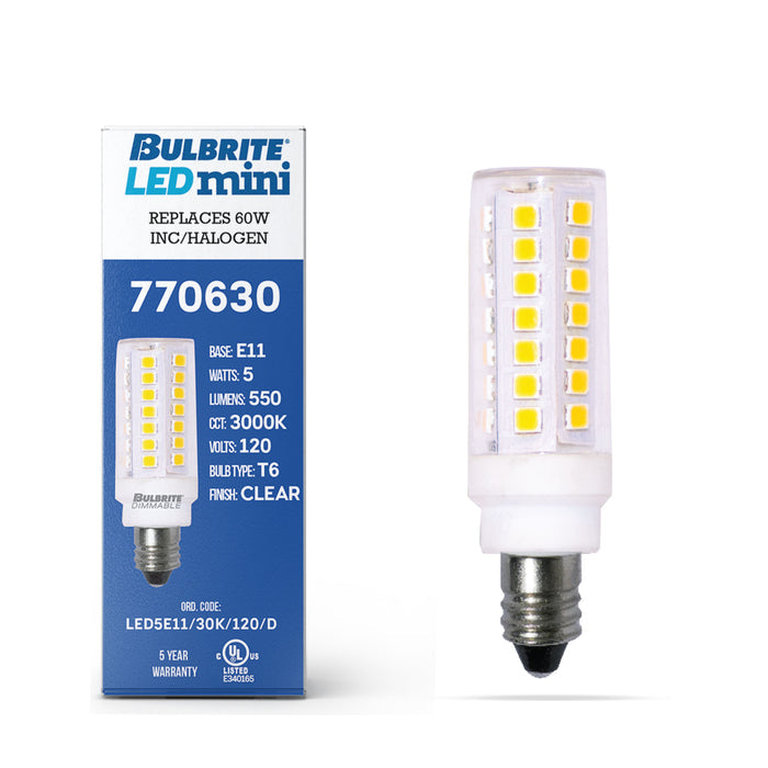 T6 5W Dimmable Clear LED Light Bulb with E11 Base, 3000K, 550 Lumens, 3-Pack