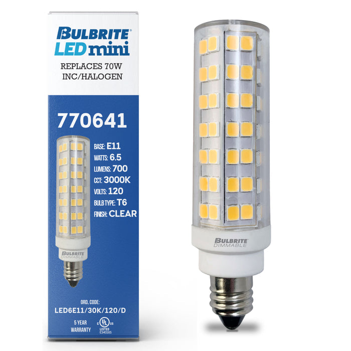 T6 6.5W Dimmable Clear LED Light Bulb with E11 Base, 3000K, 700 Lumens, 2-Pack