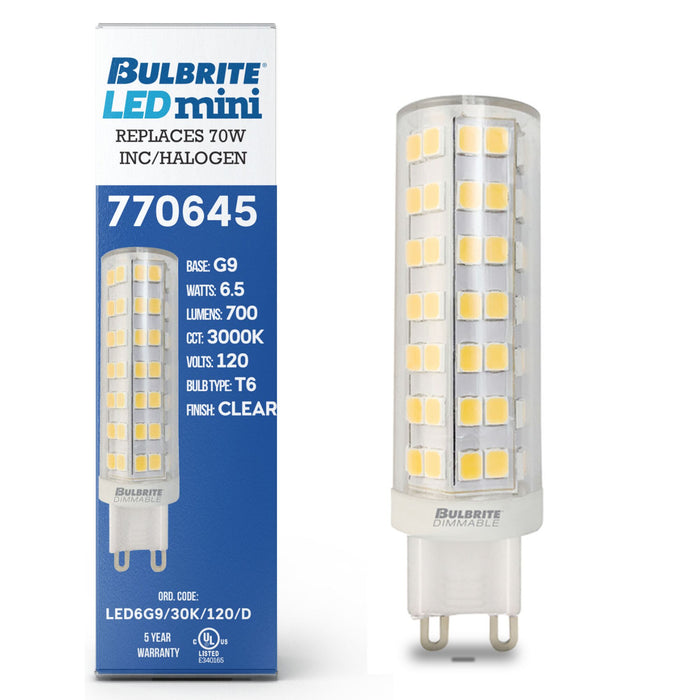 T6 6.5W Dimmable Clear LED Light Bulb with G9 Base, 3000K, 700 Lumens, 2-Pack