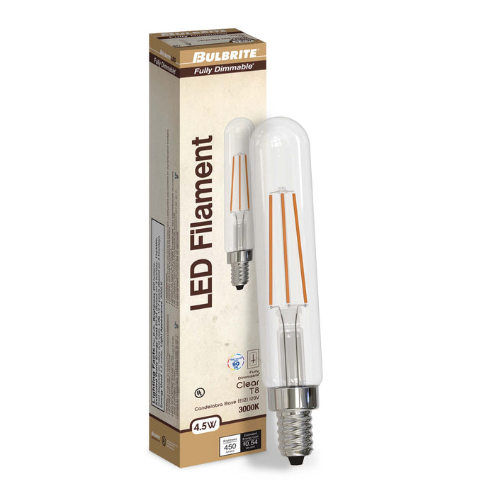 T8 4.5W Dimmable Clear Filament LED Light Bulb with E12 Base, 3000K, 450 Lumens, 4-Pack