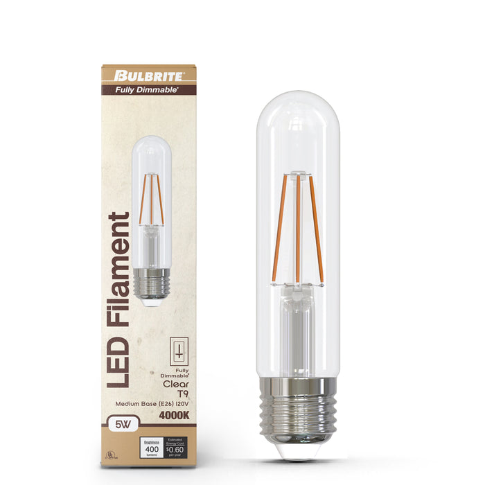 T9 5-inch 5W Dimmable Frost Filament LED Light Bulb with E26 Base, 5000K, 400 Lumens, 4-Pack