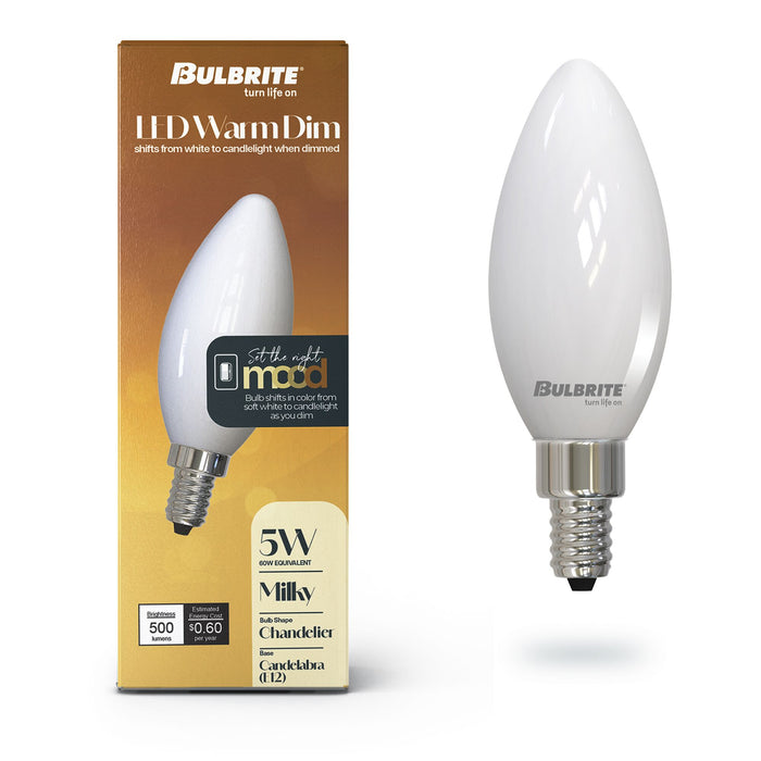 Warm Dims B11 5W Dimmable Milky Filament LED Light Bulb with E12 Base, 3000K-1800K, 500 Lumens, 4-Pack