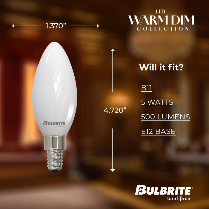 Warm Dims B11 5W Dimmable Milky Filament LED Light Bulb with E12 Base, 3000K-1800K, 500 Lumens, 4-Pack