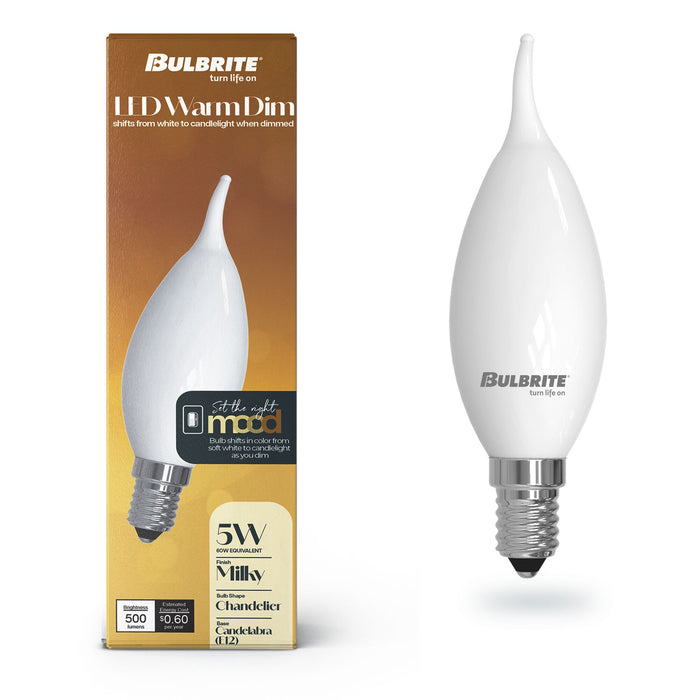 Warm Dims CA10 5W Dimmable Milky Filament LED Light Bulb with E12 Base, 3000K-1800K, 500 Lumens, 4-Pack