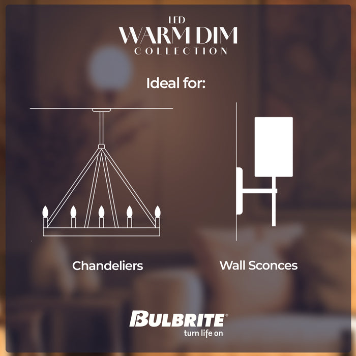 Warm Dims CA10 5W Dimmable Milky Filament LED Light Bulb with E12 Base, 3000K-1800K, 500 Lumens, 4-Pack